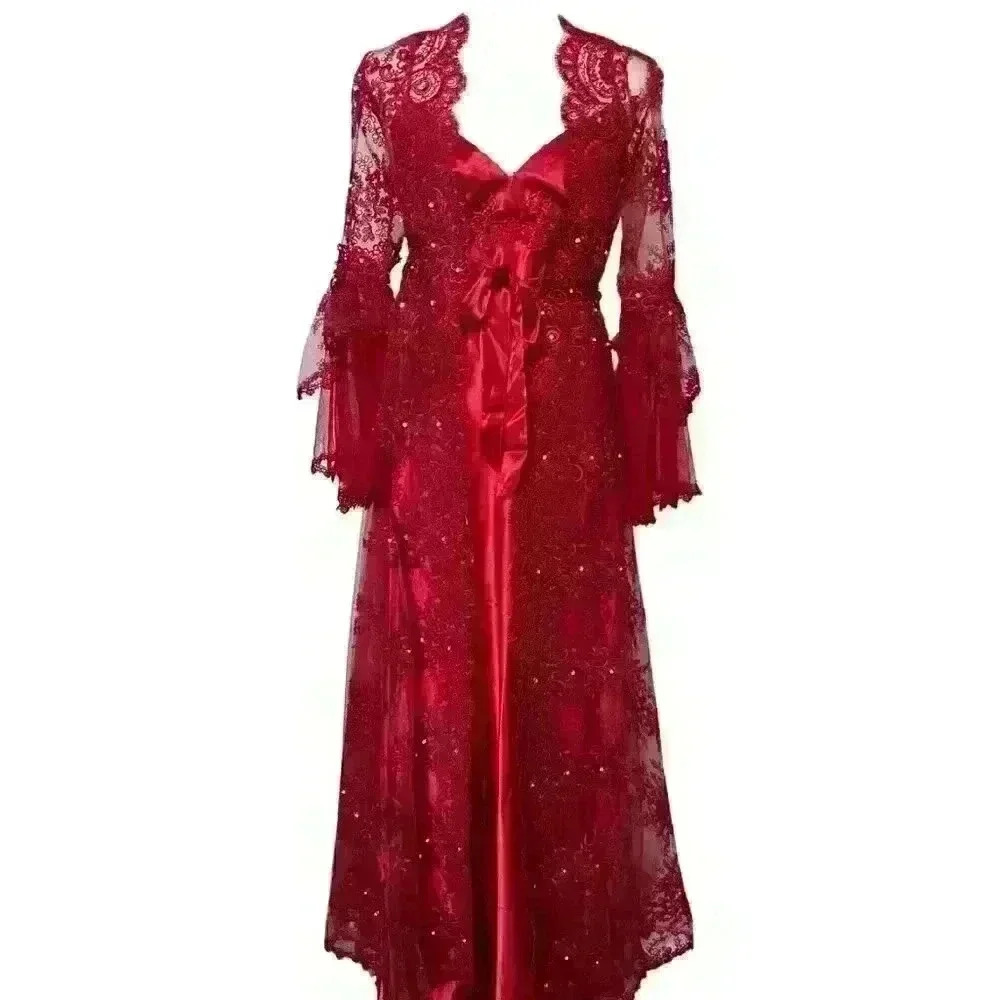 Burgundy Lace and Satin Slip Dress and Robe